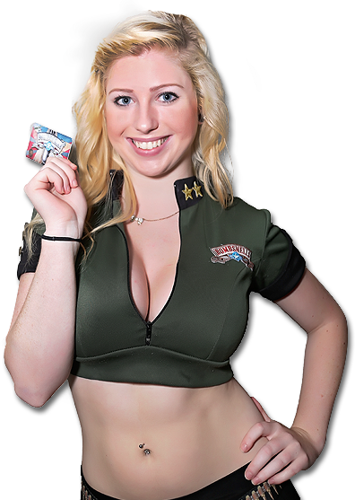 Bombshells girl holding a giftcard
